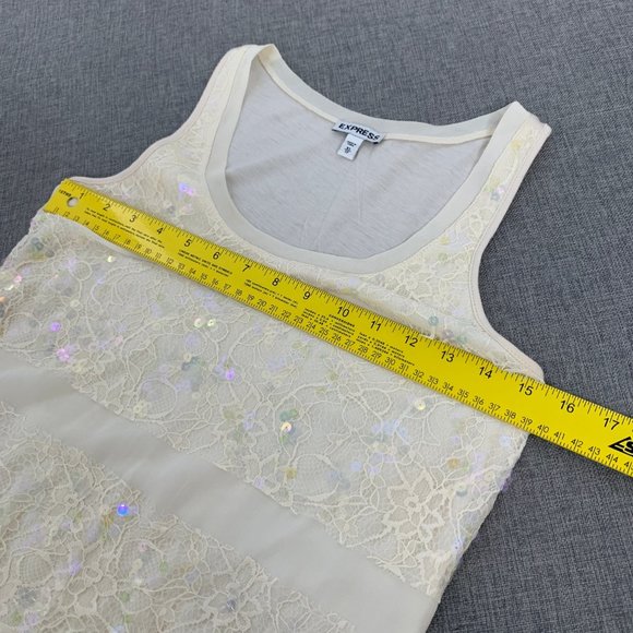 Express Ivory Sequin‎ Tank Top Floral Lace Detail XS Scoop Neckline Cotton Poly - Picture 7 of 12